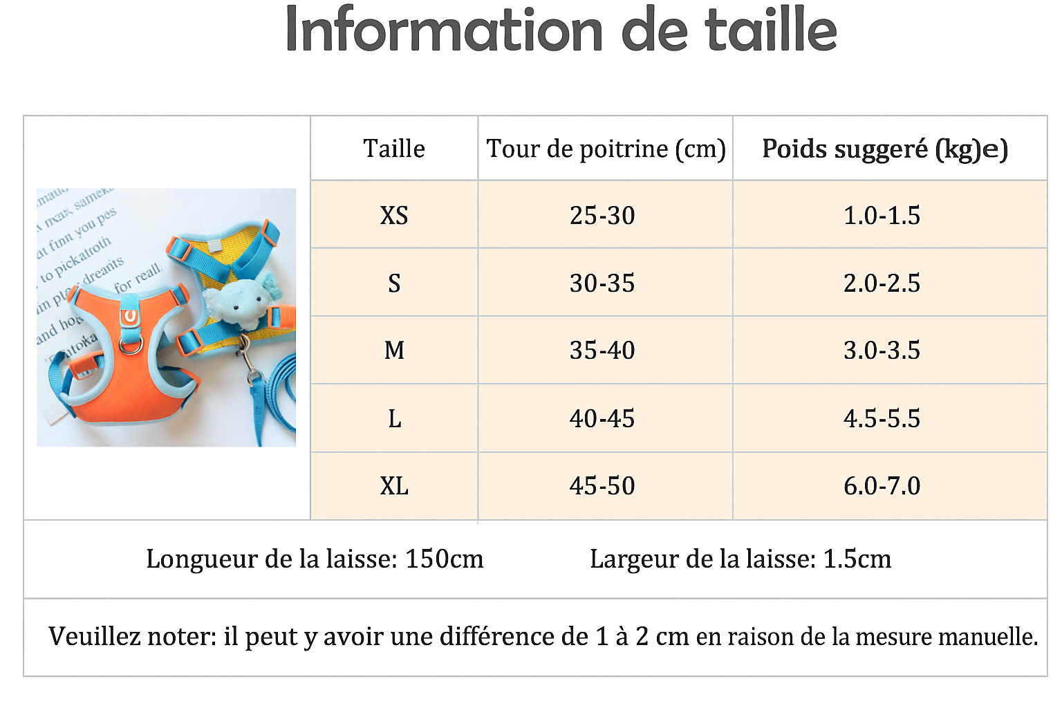 HARNAIS CHIOT BLEU ET JAUNE CHARTE DE TAILLE